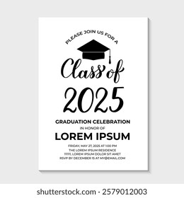 Graduation party invitation card template. Black and white grad party invite. Graduation celebration announcement. Class of 2025 vector illustration