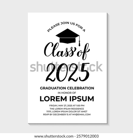 Graduation party invitation card template. Black and white grad party invite. Graduation celebration announcement. Class of 2025 vector illustration