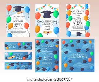Graduation party invitation cards and banner set 2022 funny card. Sky with balloons