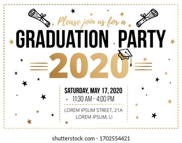 Graduation party invitation design template vector illustration. Decorated with stars paper and information about place, time flat style. Traditional ceremony about finish education concept