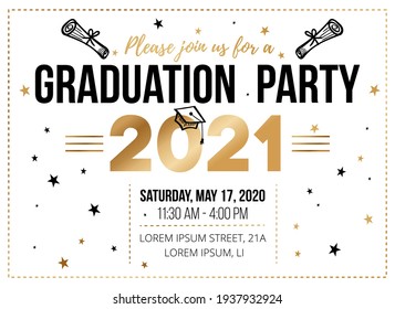 Graduation party invitation design template in flat style. Graduate congratulations vector illustration for banner, greeting cards, poster. Class of 2021 gold typography sign with stars and doodles.