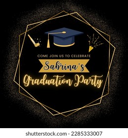 Graduation party invitation. Prom celebration invitation poster, congratulation and greetings flyer with black degree cap and confetti. education banner