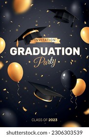 Graduation party invitation realistic composition with ornate text flying balloons golden confetti and academic hat images vector illustration