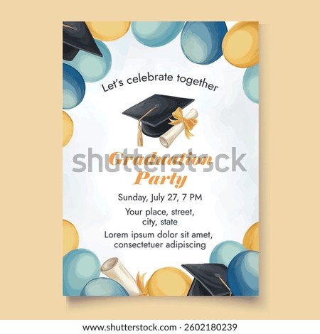 Graduation party invitation template with festive decorations academic hat and diploma