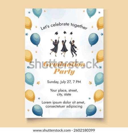 Graduation party invitation template with students throwing academic hat and balloons festive decorations