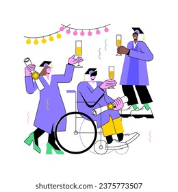 El partido de graduación aisló ilustraciones de vectores de dibujos animados. Estudiantes en el manto abrazando y aferrándose gafas con champán, divirtiéndose juntos en la fiesta, celebración de graduación de dibujos animados vectores.