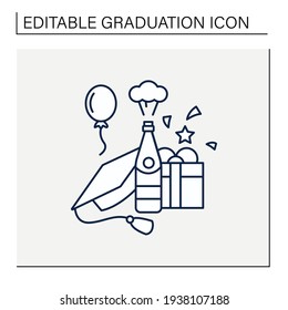 Graduation party line icon. Celebrating finished education. Surprise. Decoration, balloon, alcohol. Graduate cup. Graduation concept.Isolated vector illustration.Editable stroke