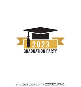 Graduation party logo design. Class of 2023 with graduation cap and ribbon. Graduation symbols. Vector illustration. 