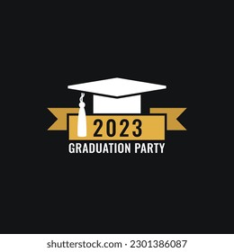 Graduation party logo design. Class of 2023 with graduation cap and ribbon on dark background. Graduation symbols. Vector illustration. 