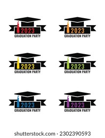 Graduation party logo design. Class of 2023 with graduation cap and ribbon. Graduation symbols. Vector illustration. 