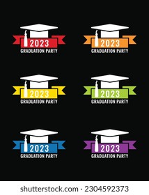 Graduation party logo design. Class of 2023 with graduation cap and ribbon. Graduation symbols. Vector illustration. 