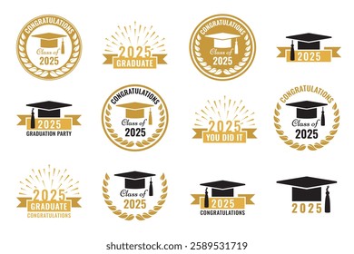 Graduation party logo design. Class of 2025 with graduation academic cap. Graduation symbols. Vector illustration. 