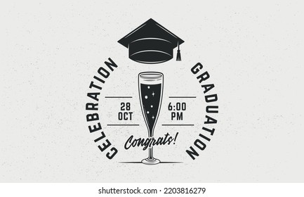 Graduation party logo, emblem. Graduation celebration logo template with cocktail and graduate cap. Vector illustration