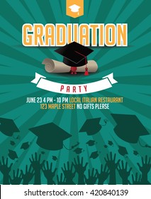 Graduation party mortarboard and diploma invitation background. EPS 10 vector.