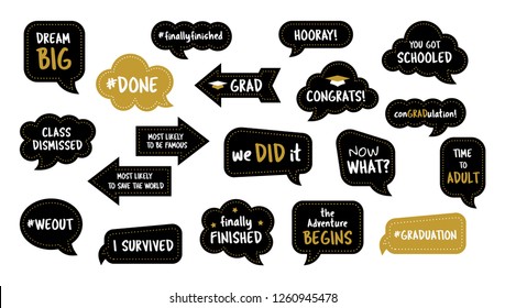 Graduation party photo booth props. Photobooth vector set. Congrats grad phrase. Gold and black bubbles with funny quotes. Concept for selfie. 