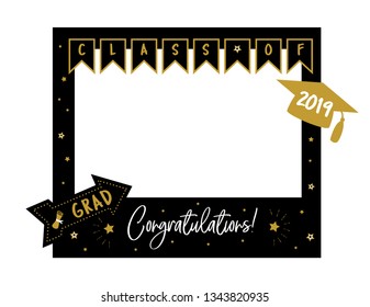 Graduation party photo booth props. Frame with cap for grads. Concept for selfie. Photobooth vector element. Congradulation grad quote. Gold and black decoration for celebration