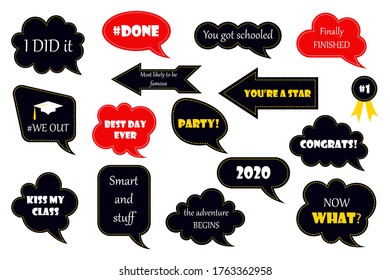 Graduation Party Photo Booth Props. Congrats Grad. Gold And Black Bubbles With Funny Quotes. Concept For Selfie