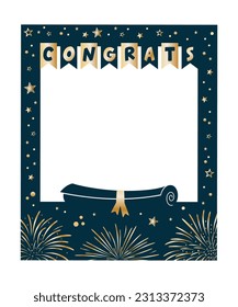 Graduation party photo booth props. Frame with garland and diploma. Photobooth vector element. Concept for selfie. Congrats grad quote. Gold and black decoration for celebration. Finally finished