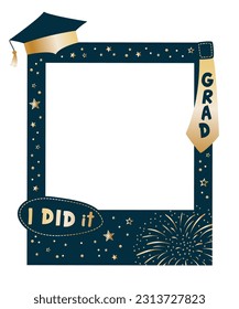 Graduation party photo booth props. Frame with cap for grad and necktie. Photobooth vector element. Concept for selfie. Congrats grad quote. Gold and black decoration for celebration. I did it