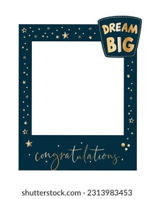 Graduation party photo booth props. Frame with congratulations lettering text. Photobooth vector element. Concept for selfie. Congrats grad quote. Gold and black decoration for celebration. Celebrate.