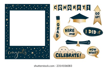 Graduation party photo booth props. Frame with congratulations lettering text, Photobooth vector element. Concept for selfie. Congrats grad quote. Gold and black decoration for celebration. 