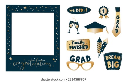 Los accesorios de la cabina de fotos de la fiesta de graduación. Marco con texto con letras de felicitaciones, elemento vector Photoboth. Concepto de selfie. Felicidades por la cita grandiosa. Decoración dorada y negra para la celebración. 