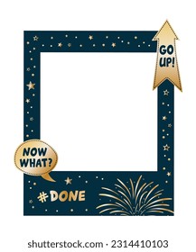 Graduation party photo booth props. Frame fireworks and Congrats grad quote. Photobooth vector element. Concept for selfie. Gold and black decoration for celebration. Done