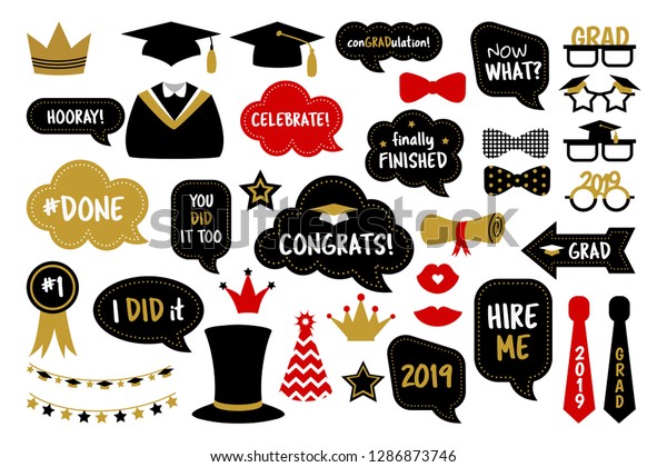 Graduation party photo\
booth props. Photobooth vector set: hat, cap, diploma, mustache,\
kiss, glasses. Congrats grad. Gold and black bubbles with funny\
quotes. Concept for selfie\
