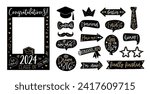 Graduation party photo booth set. Props with Class of 2024. Graduate photo booth frame. Selfie frame. DIY kit for graduation party. Decorations party supplies. Gold and black vector illustration.