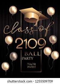 Graduation party poster with golden design elements. Vector illustration