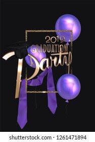Graduation party poster with golden and graduation design elements. VEctor iluustration