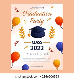 Graduation Party Poster Invitation With Cap, Ballons, Branches. Vector Layout Template. Degree Ceremony Invite. Student Flyer Design.