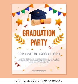 Graduation party poster invitation with cap, diploma script, garland and stars. Vector layout template. Degree ceremony invite. Student flyer design.