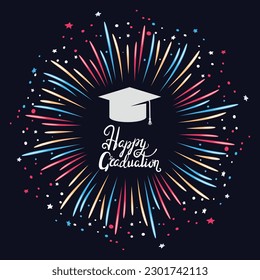 Graduation party poster. Vector template of invitation card with fireworks