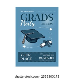 Graduation party. Prom celebration invitation poster, congratulation and greetings flyer with black degree cap and confetti. Vector diploma card education banner with golden ribbon