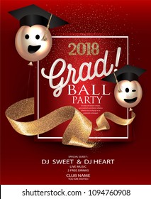 Graduation Party Red Card With Gold Sparkling Ribbons And Air Balloons. Vector Illustration