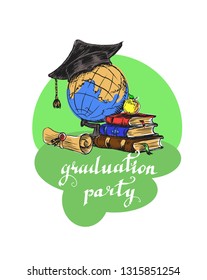 Graduation party square academic cap globe books apple symbol of education and knowledge vector