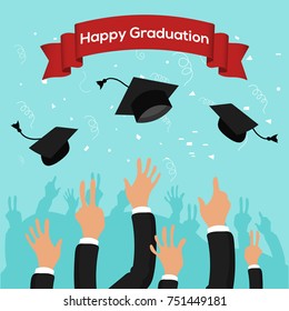 Graduation party template with graduation caps thrown in the air on blue background.