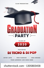 Graduation party template or flyer design with illustration of mortar board on white background.