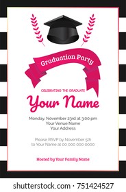 Graduation party template invitation to the traditional ceremony, college, university or high school student party, graduation cap thrown in the air with pink ribbon.