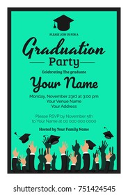 Graduation party template invitation to the traditional ceremony, college, university or high school student party, graduation caps thrown in the air, green background.