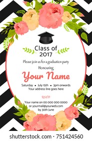 Graduation party template invitation to the traditional ceremony, college, university or high school student party, graduation cap on watercolor decorated flowers background.