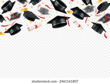 Graduation party at the university, school or college. 3d realistic black academic graduation caps or toga hats, confetti and diplomas tossed up, flying on transparent background. Vector illustration