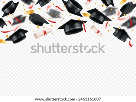 Graduation party at the university, school or college. 3d realistic black academic graduation caps or toga hats, confetti and diplomas tossed up, flying on transparent background. Vector illustration