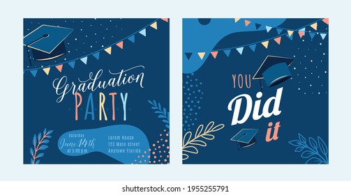 Graduation party vector background, dark invite card template. You did it text quote. Graduate design with cap, flags, plants, dots, organic shapes. Modern art in minimalist style. Back and front side