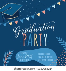 Graduation party vector background, invite card template. Trendy design illustration of graduate with cap, flags, plants, dots, organic shapes. Modern art in minimalist style.