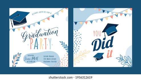 Graduation party vector background, light invite card template. You did it text quote. Graduate design with cap, flags, plants, dots, organic shapes. Modern art minimalist style. Back and front side.