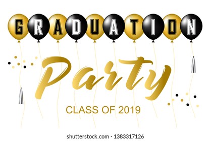 Graduation Party Vector Banner in white background. Design elements gold and black balloons, glitters, tassels . For greetings, invitations, banners, posters, cards.