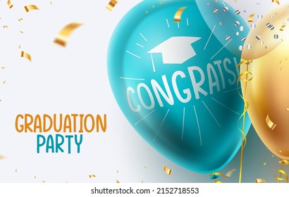 Graduation party vector design. Congrats greeting text in 3d balloon with gold confetti celebration elements for graduate students event and occasion celebration. Vector illustration.
