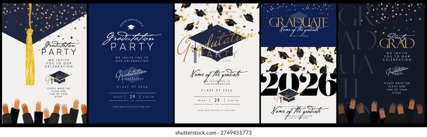 Graduation party. Vector illustration of a mortarboard cap, hands tossing hats, confetti, and elegant typography. Modern graduate celebration invitation templates for the class of 2026.